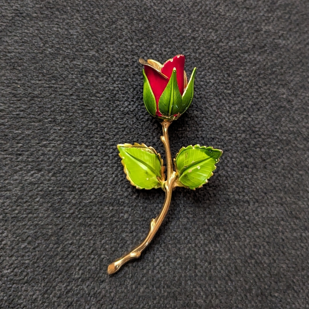 Vintage Rose Brooche, Red and Green Enamel- Giovanni - Picture 1 of 6